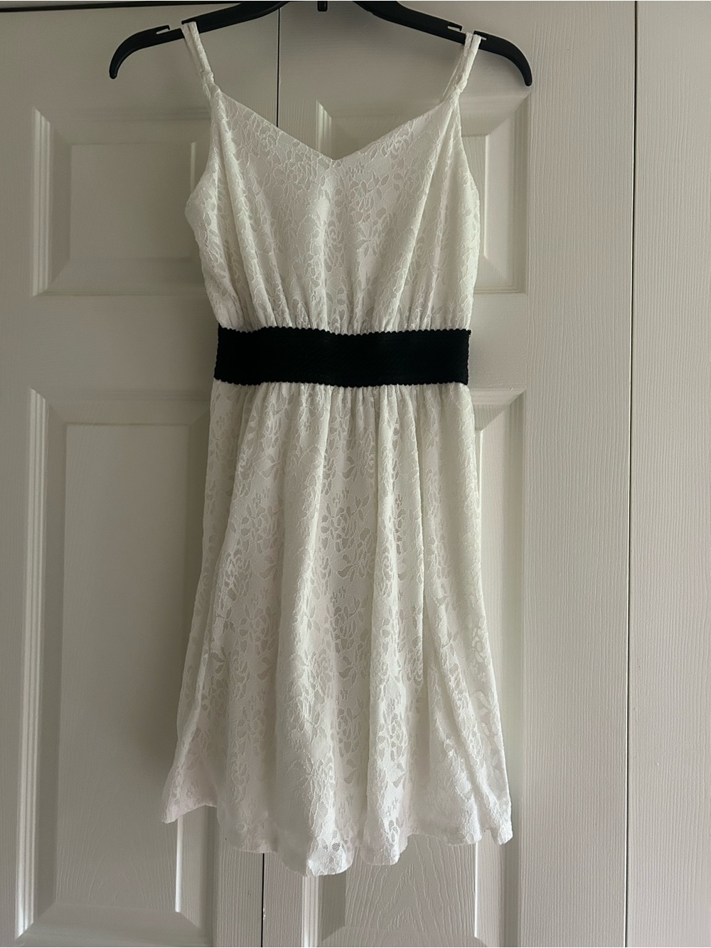 Soprano White Lace Mini Dress with Black Waistband